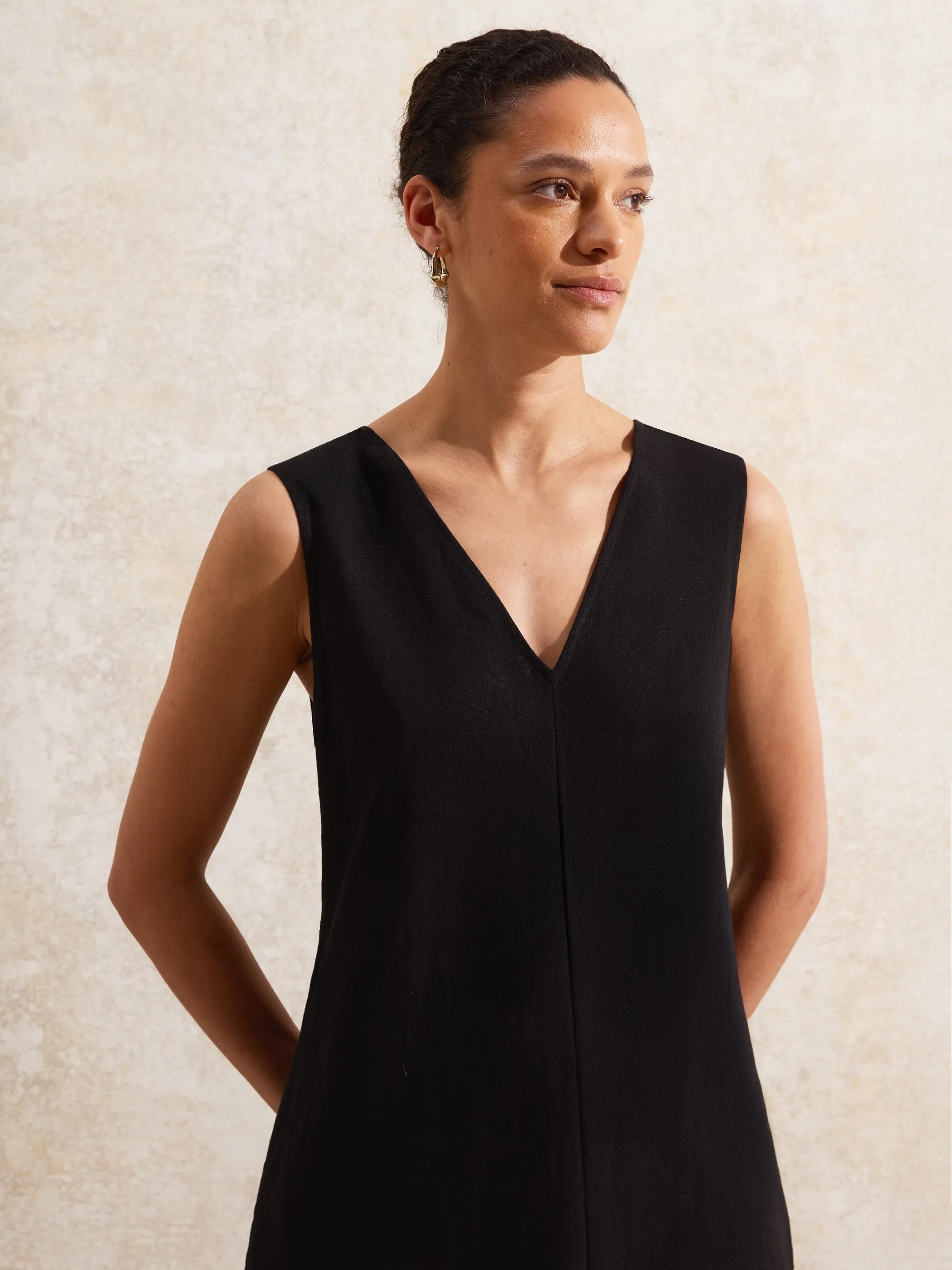 Black V-Neck Linen-Blend Maxi Dress