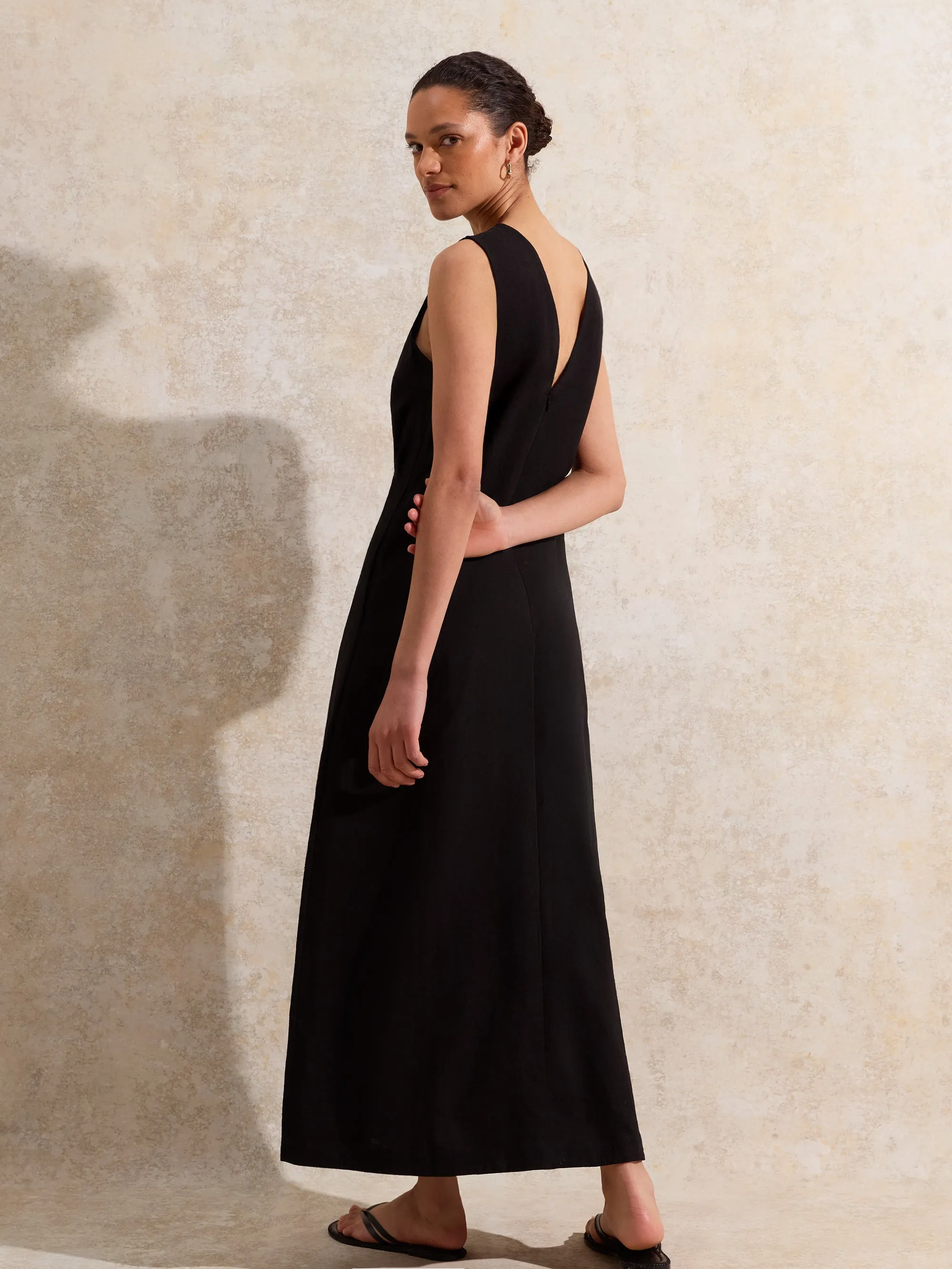 Black V-Neck Linen-Blend Maxi Dress