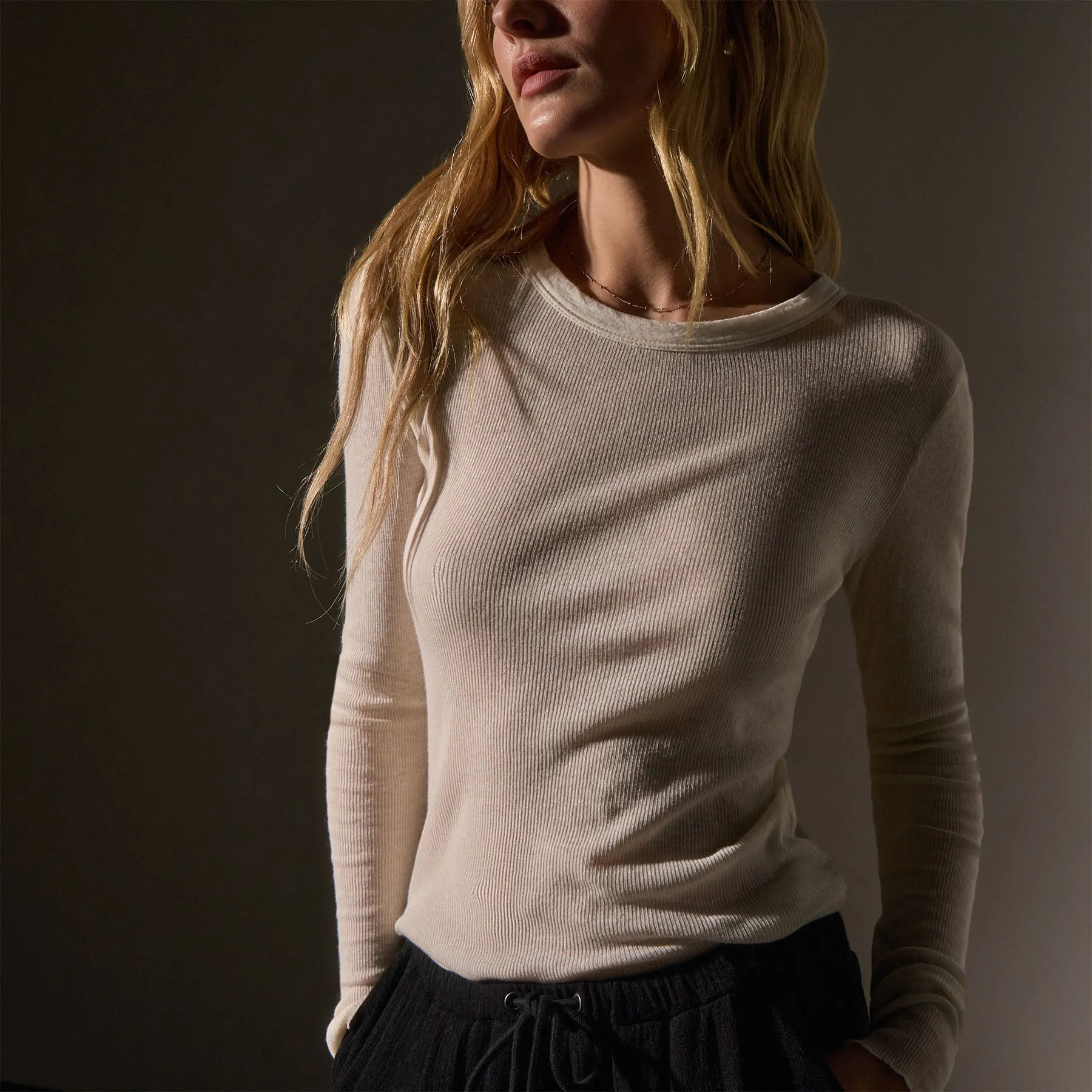 Cotton Cashmere Blend Ribbed Long Sleeve Crew - Ivory