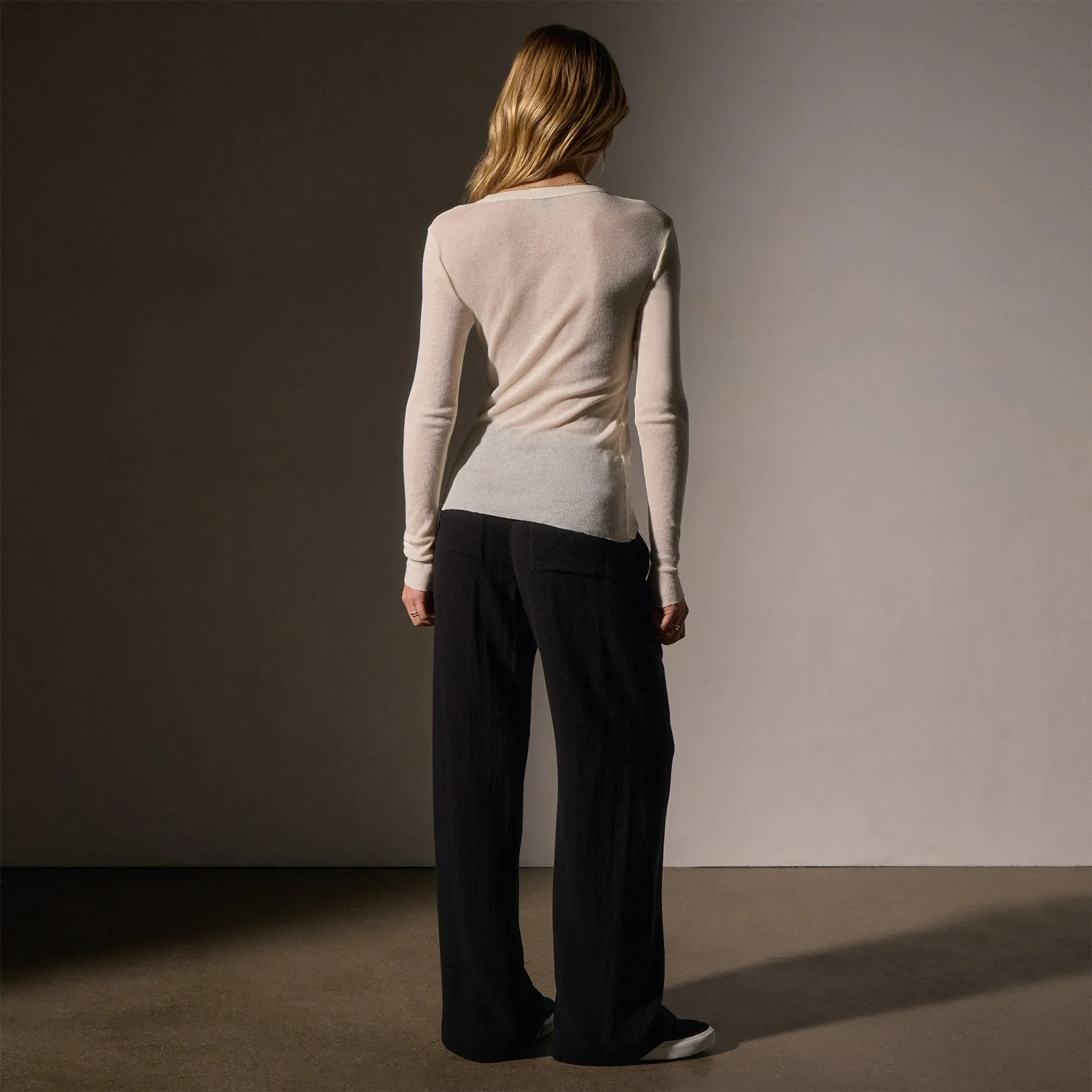 Cotton Cashmere Blend Ribbed Long Sleeve Crew - Ivory
