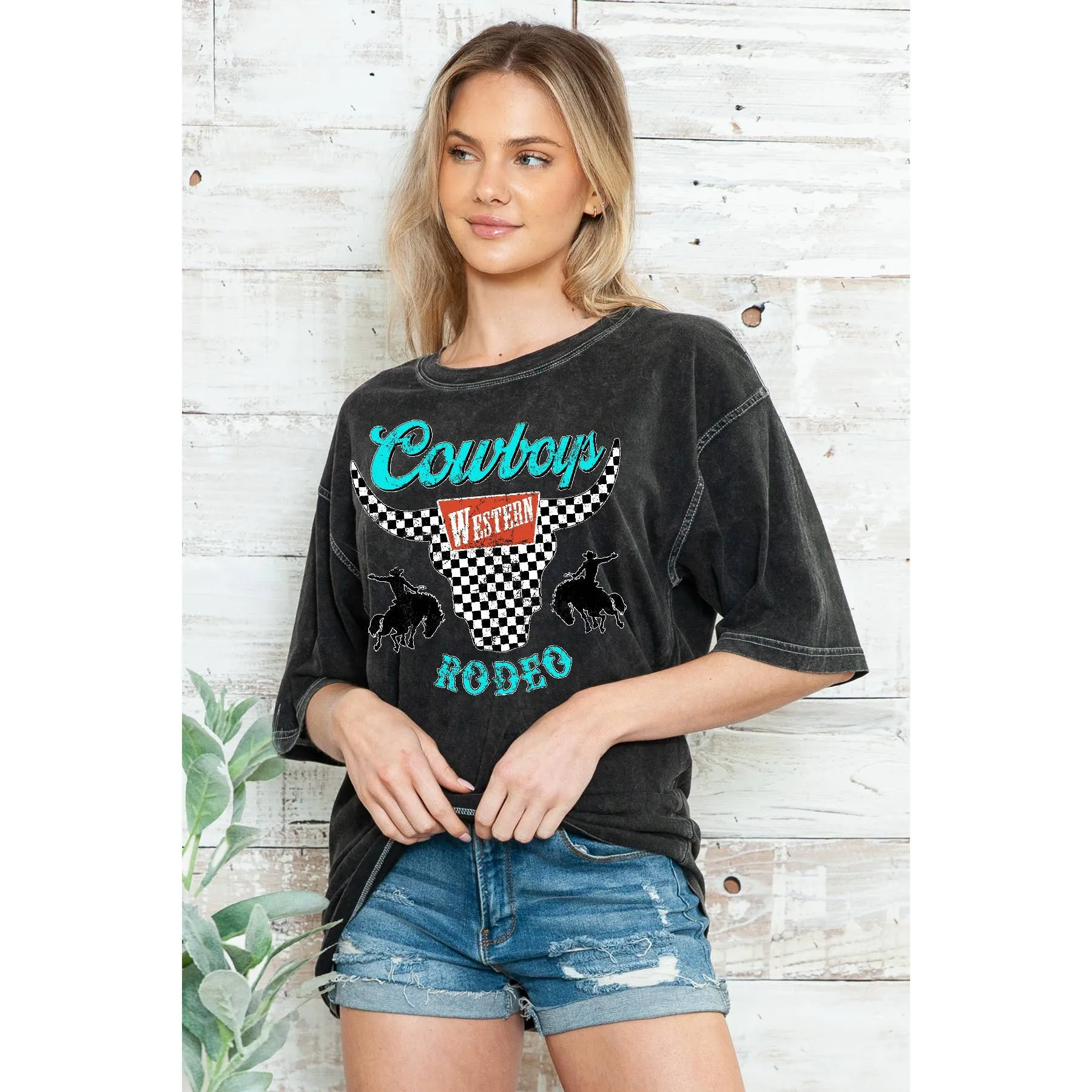 Cowboy Rodeo - Oversize Mineral Wash T: CHARCOAL GREY MB2063
