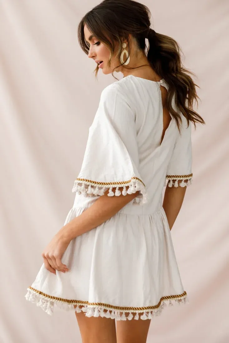 Donna Dropped Waist Tassel Dress Beige