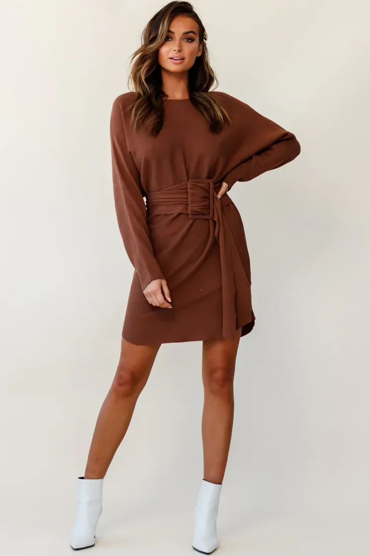 Lorelei Long Sleeve Wide Belt Knit Dress Camel