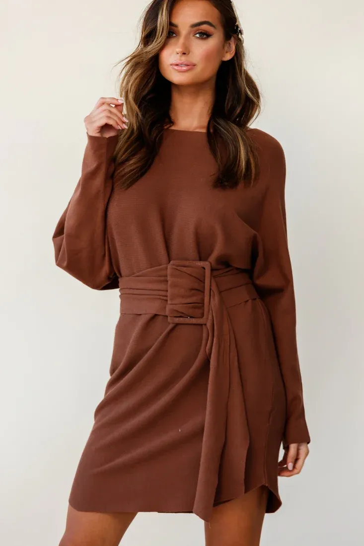 Lorelei Long Sleeve Wide Belt Knit Dress Camel