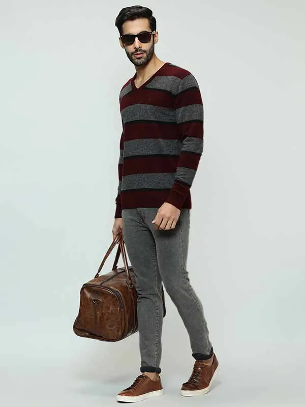 Men Striped Full Sleeve V-Neck Sweater