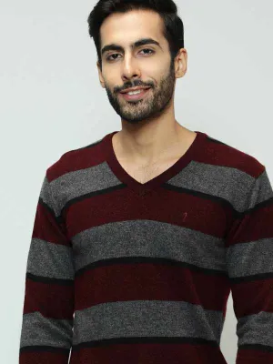 Men Striped Full Sleeve V-Neck Sweater
