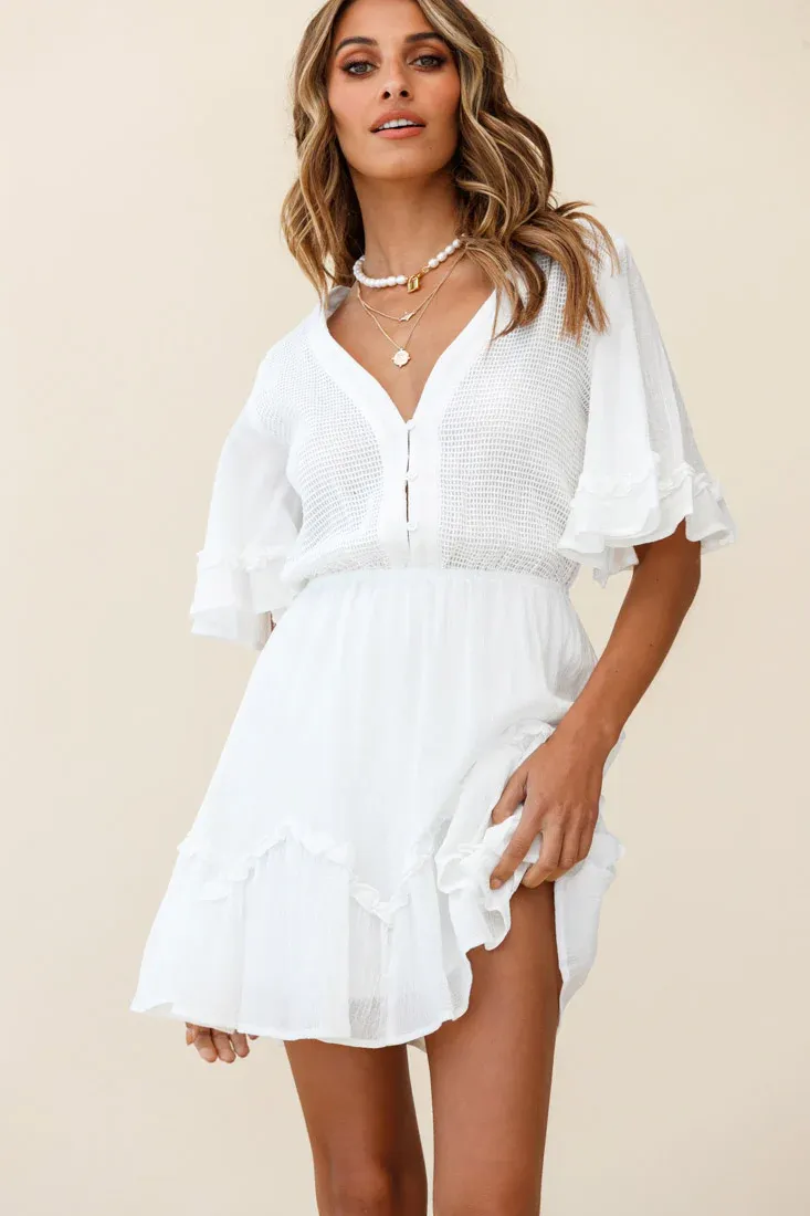 Play It Again Bust Placket Mesh Detail Dress White