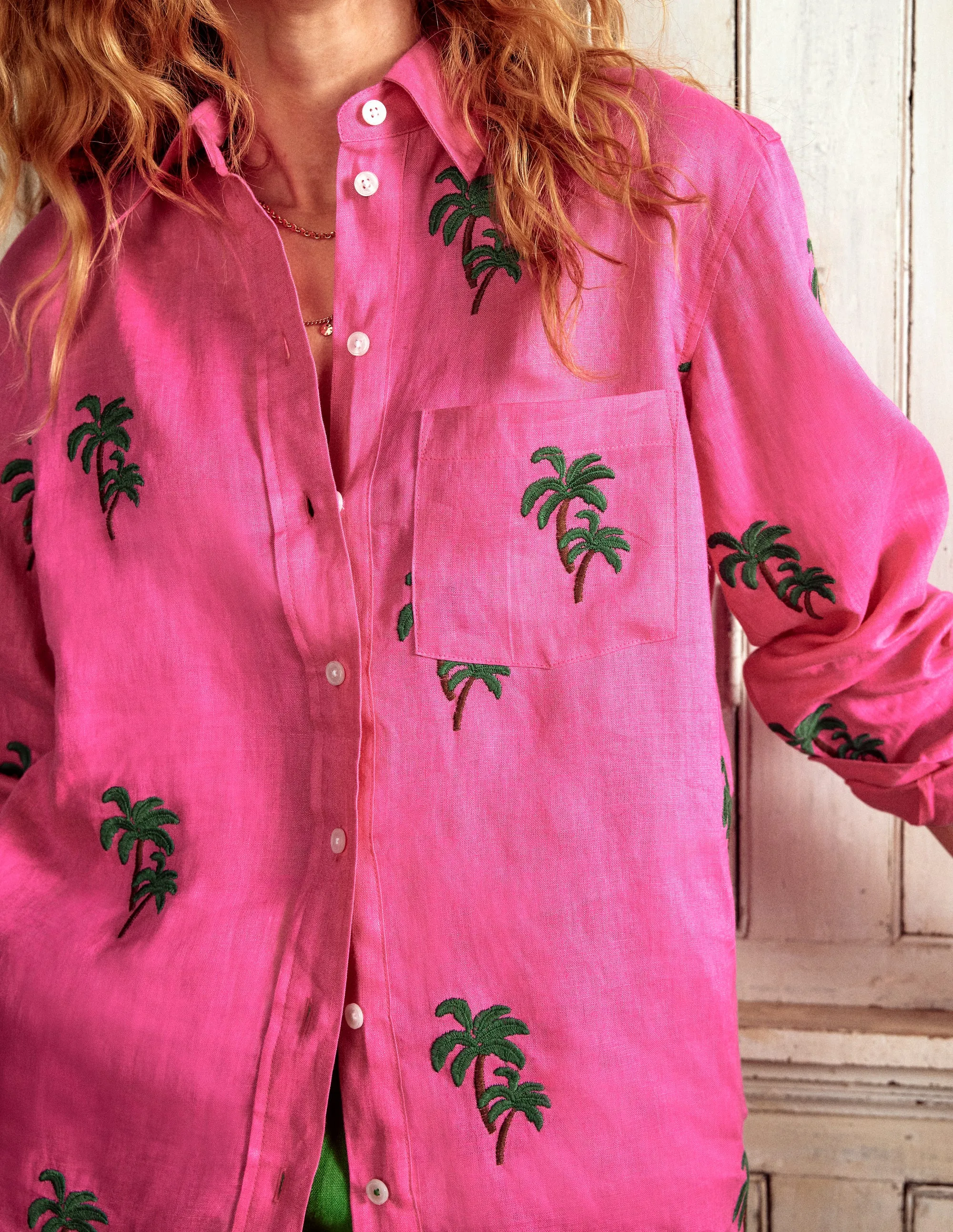 Sadie Relaxed Linen Shirt-Sorbet Pink. Palm Tree