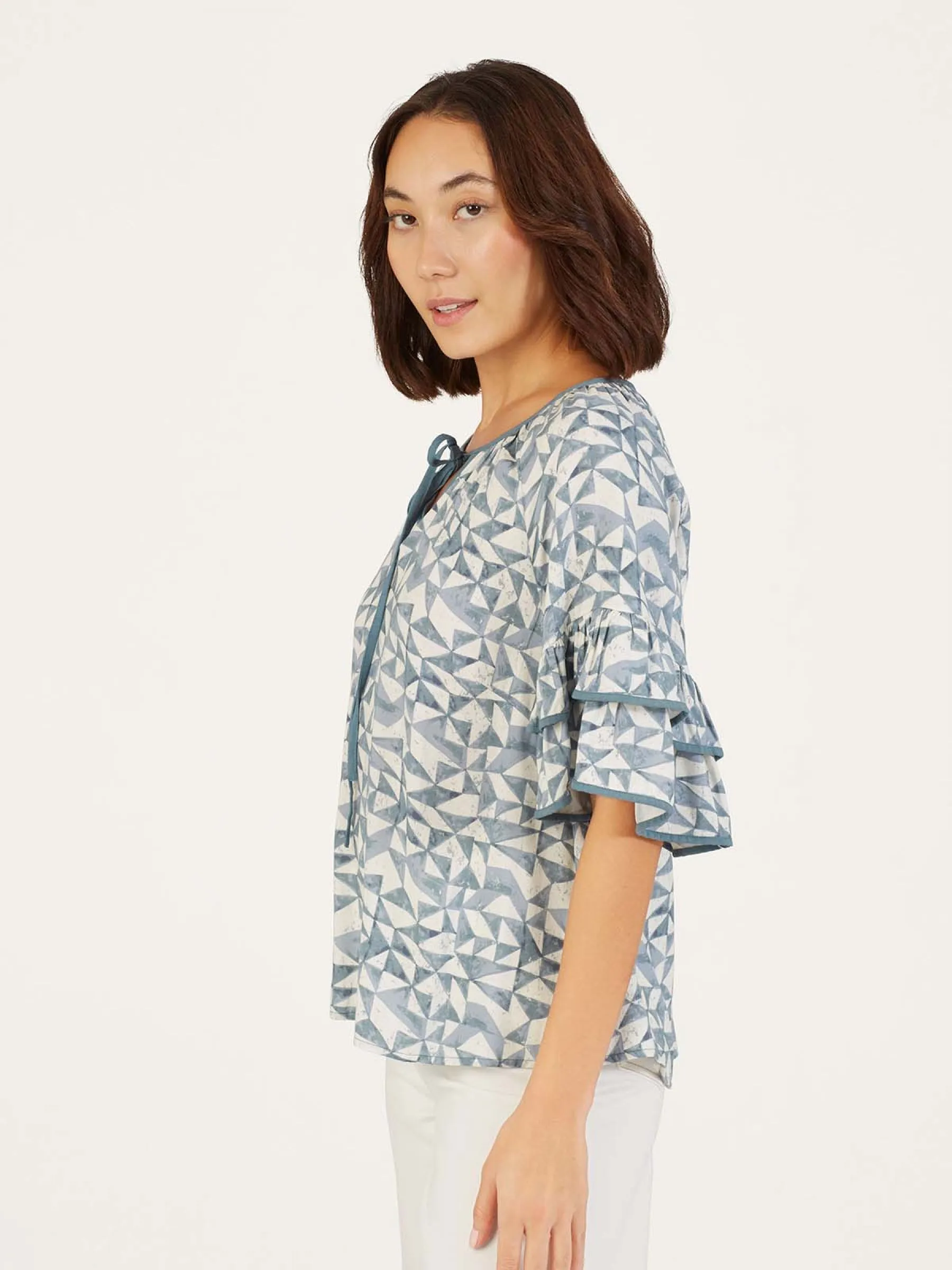 Skye Lenzing™ Ecovero™ Geometric Print Ruffle Top - Dusky Blue