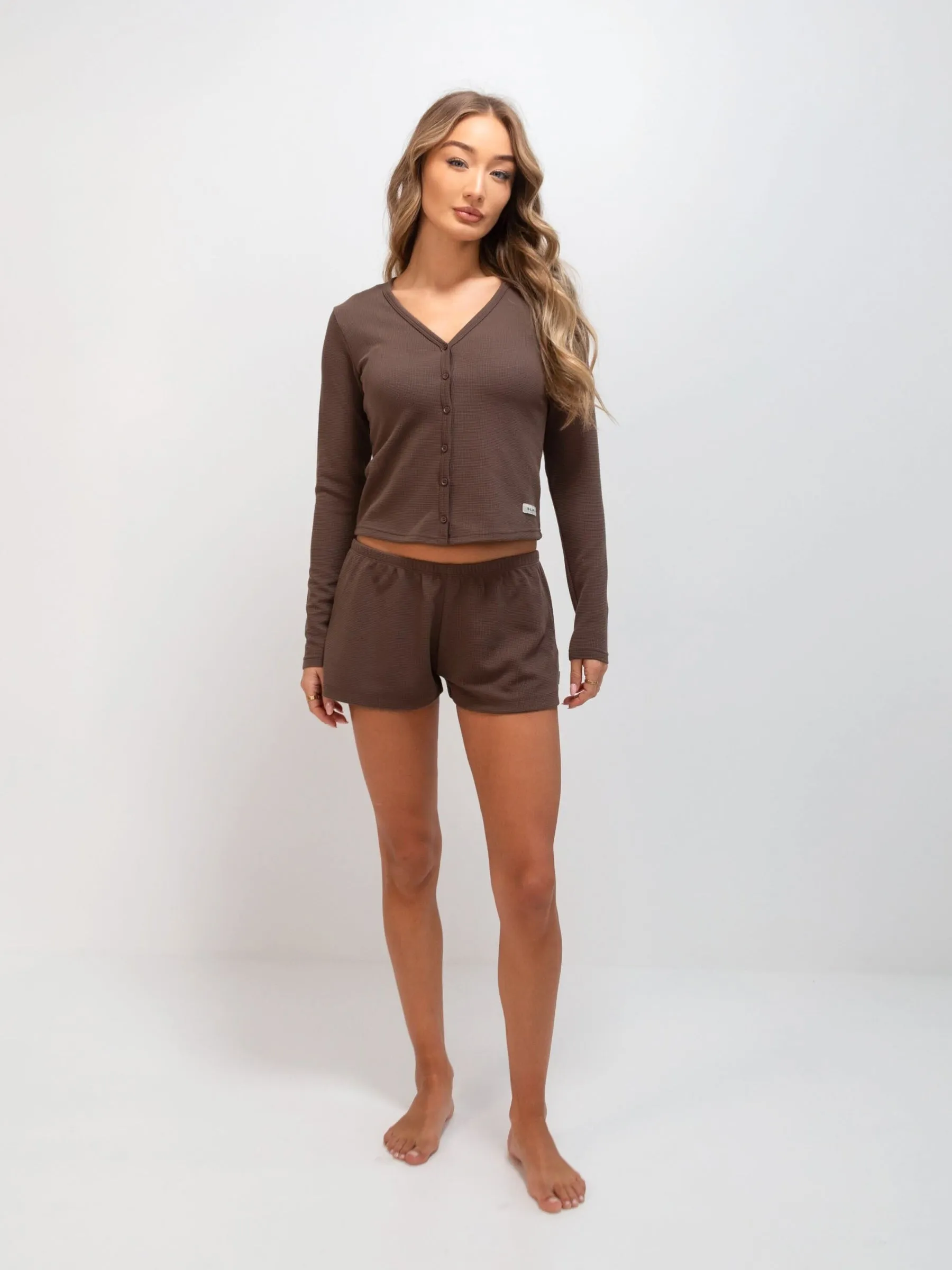 Soft Waffle Cardigan & Shorts Set - Brown
