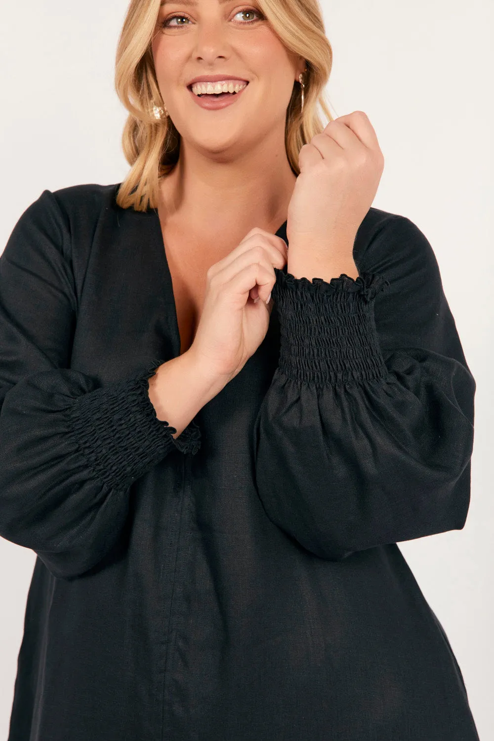 Tamara Long Sleeve Linen Dress in Black