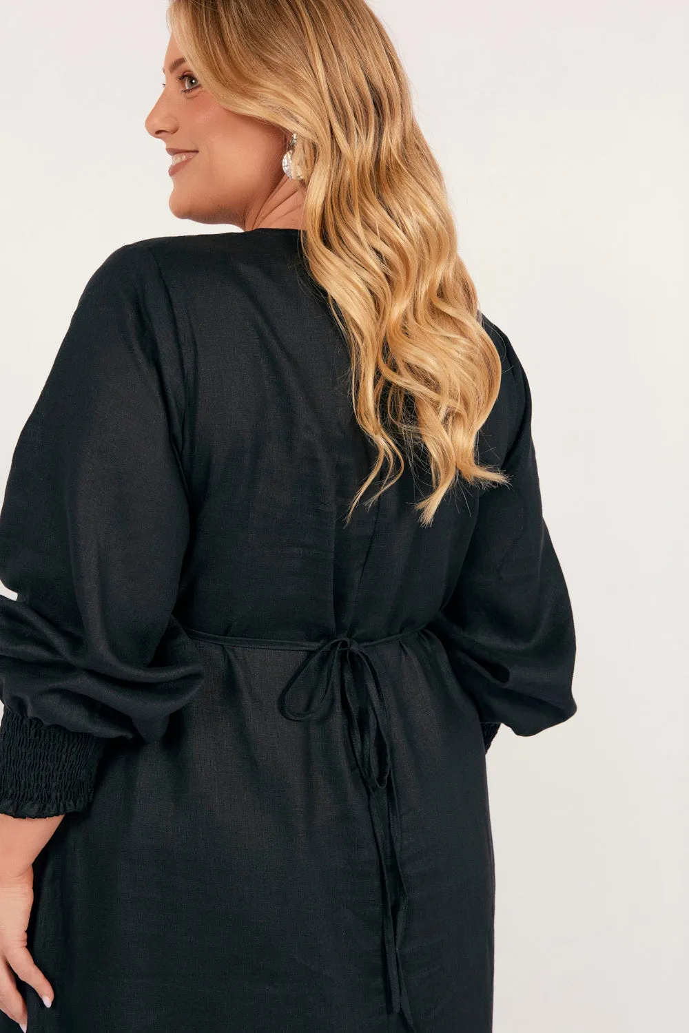 Tamara Long Sleeve Linen Dress in Black