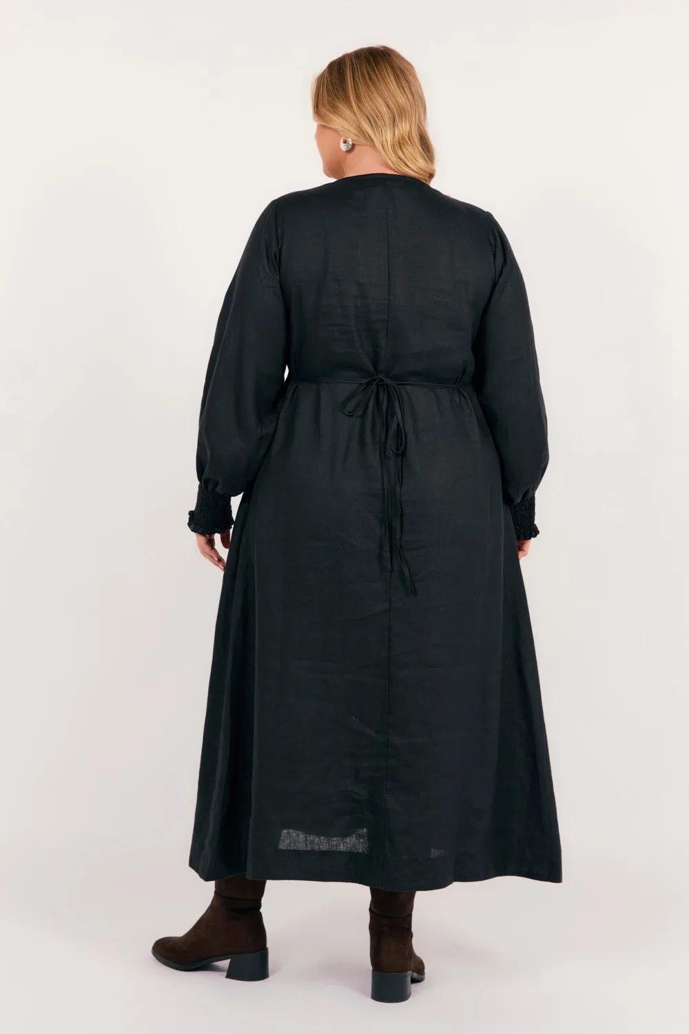 Tamara Long Sleeve Linen Dress in Black