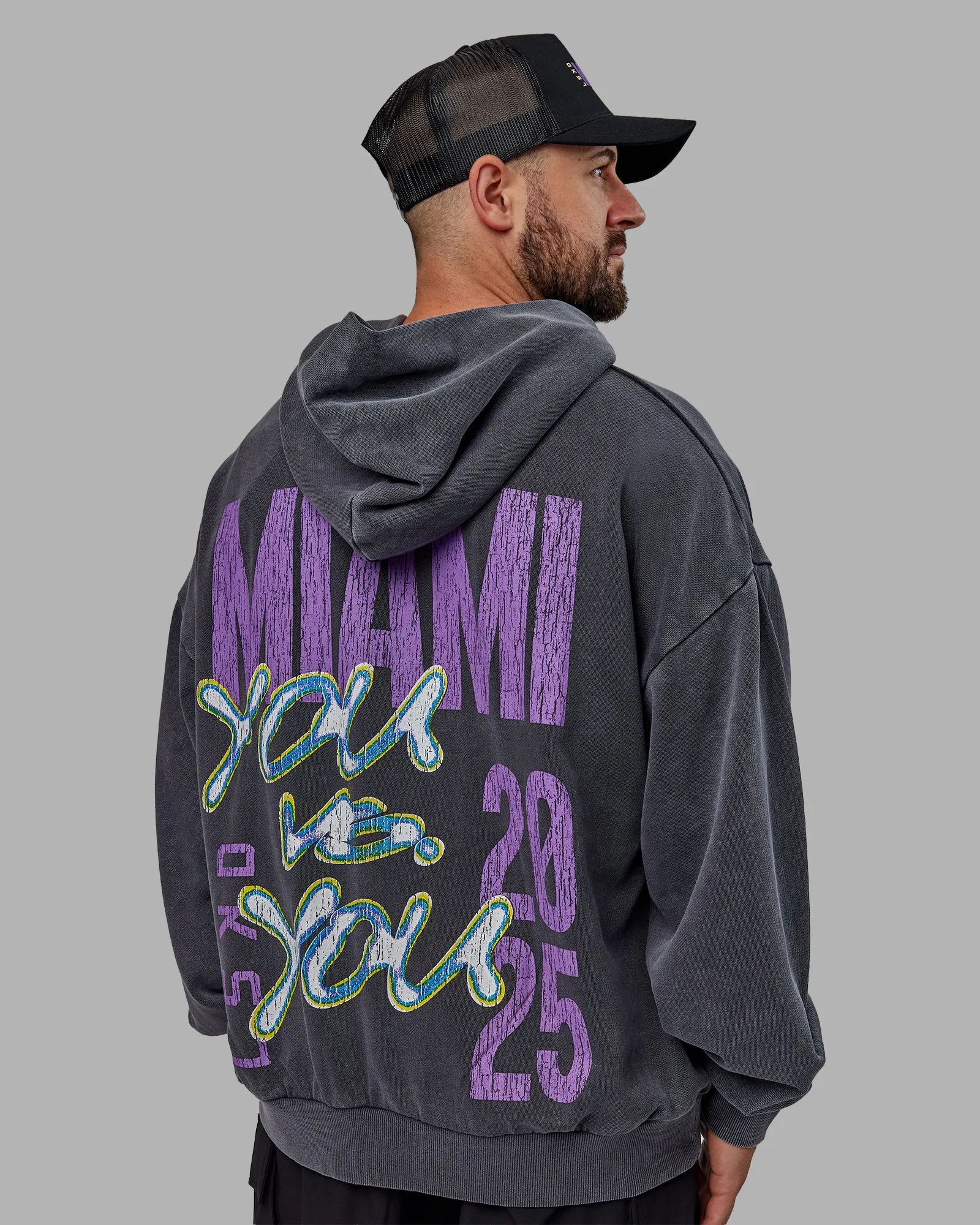 Unisex Miami 25 Washed Hoodie Oversize - Black