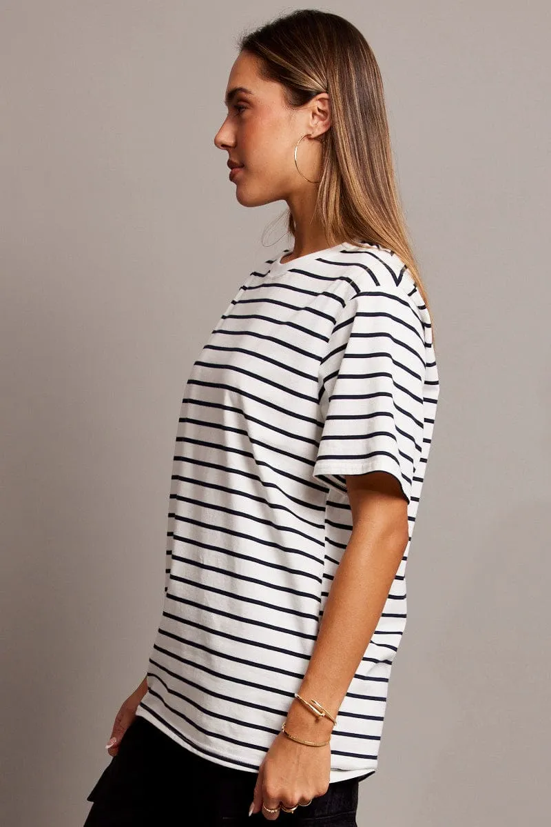 White Stripe Oversized T Shirt Short Sleeve Crew Neck