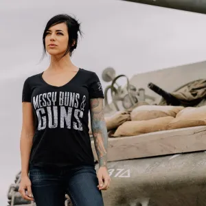 Women's Messy Buns & Guns V-Neck - Black