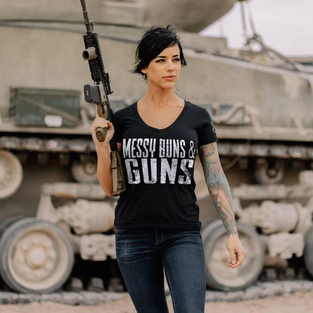 Women's Messy Buns & Guns V-Neck - Black