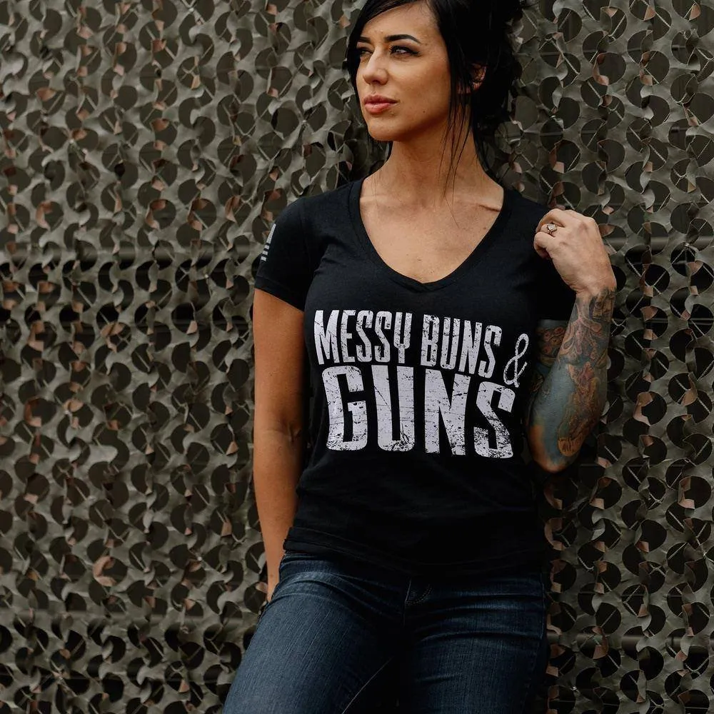 Women's Messy Buns & Guns V-Neck - Black