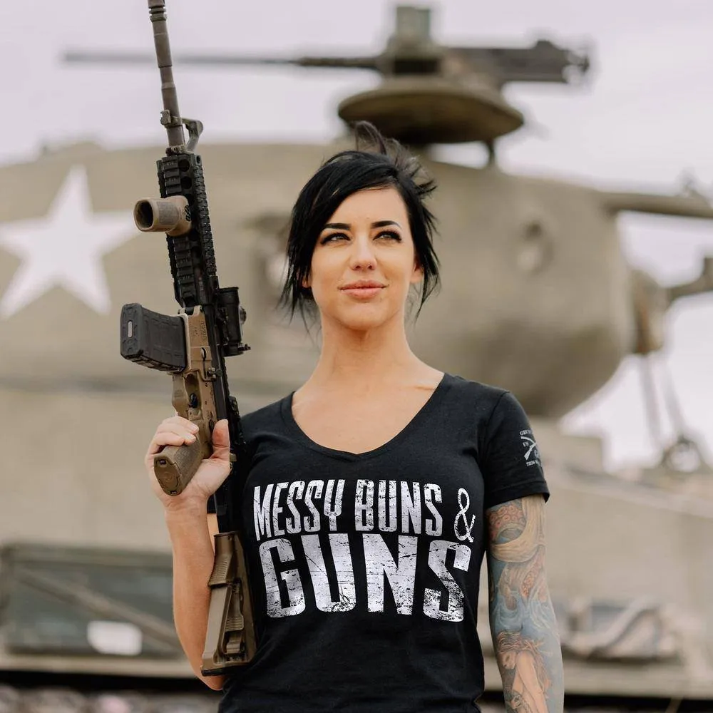 Women's Messy Buns & Guns V-Neck - Black