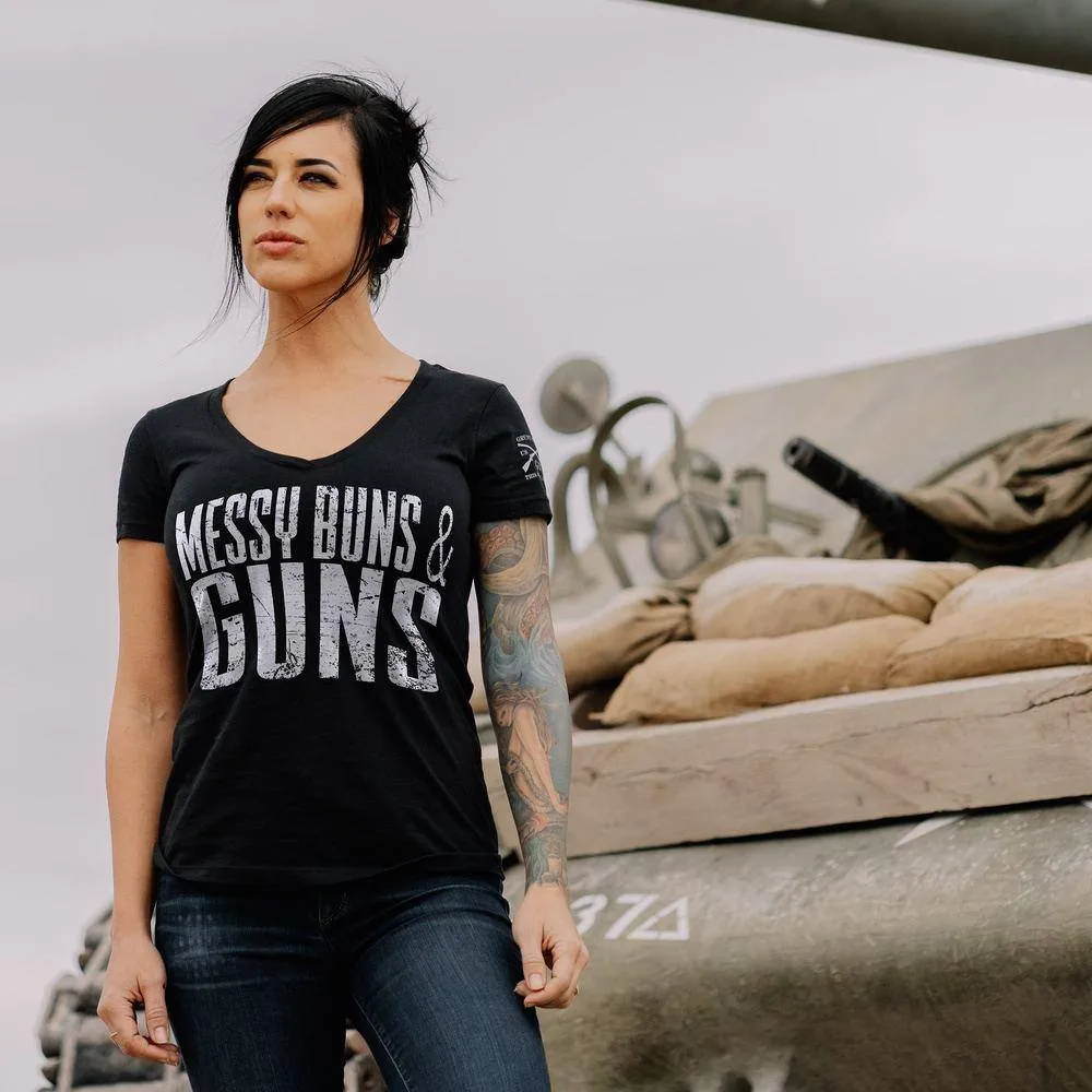 Women's Messy Buns & Guns V-Neck - Black