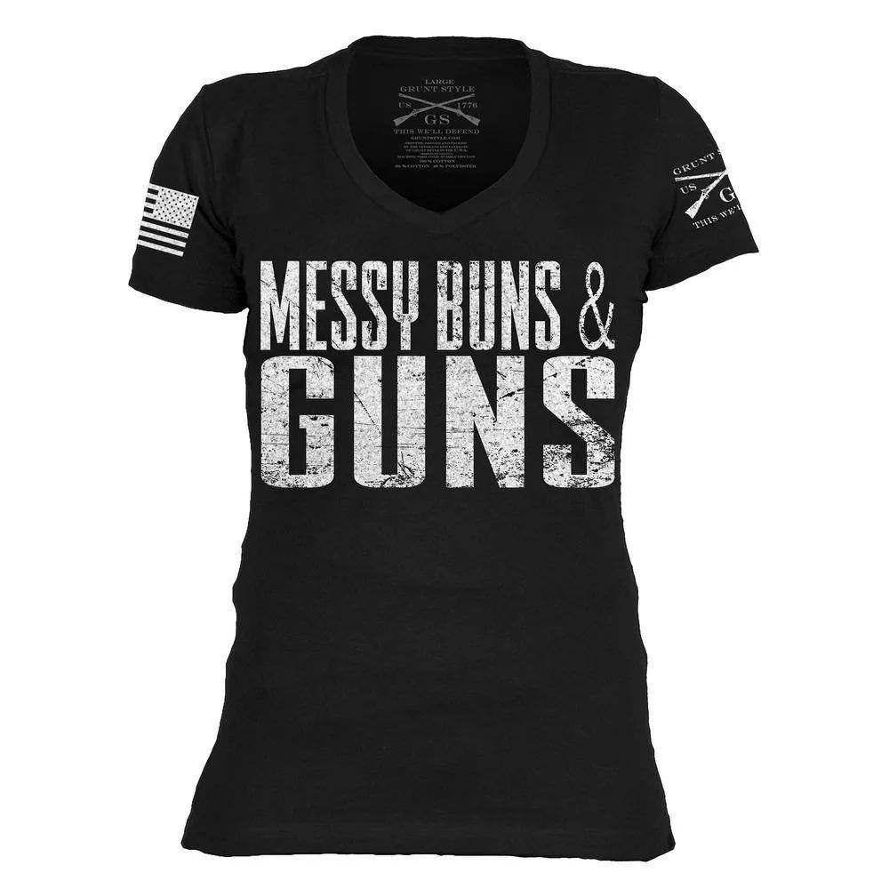 Women's Messy Buns & Guns V-Neck - Black