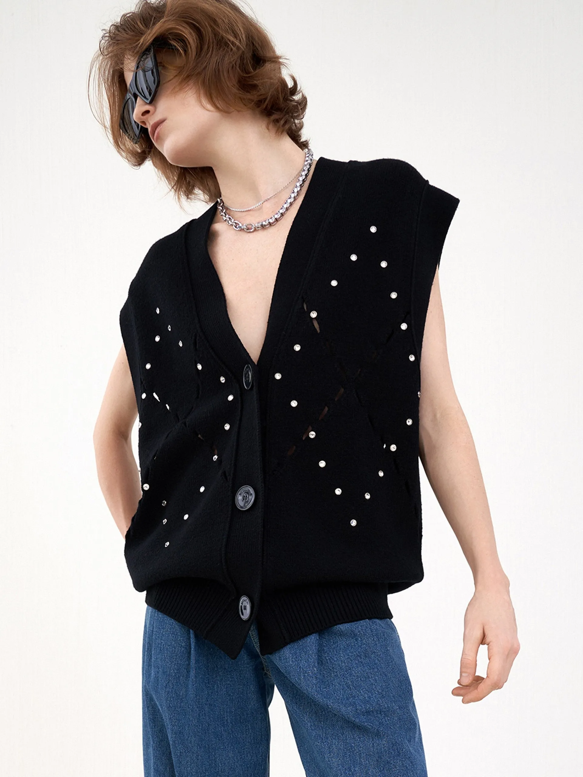 Wool-blend Diamond Cutout Knit Vest